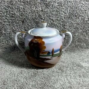 Chikaramachi Sugar Bowl Hand Painted Landscape Vintage Japan Lidded